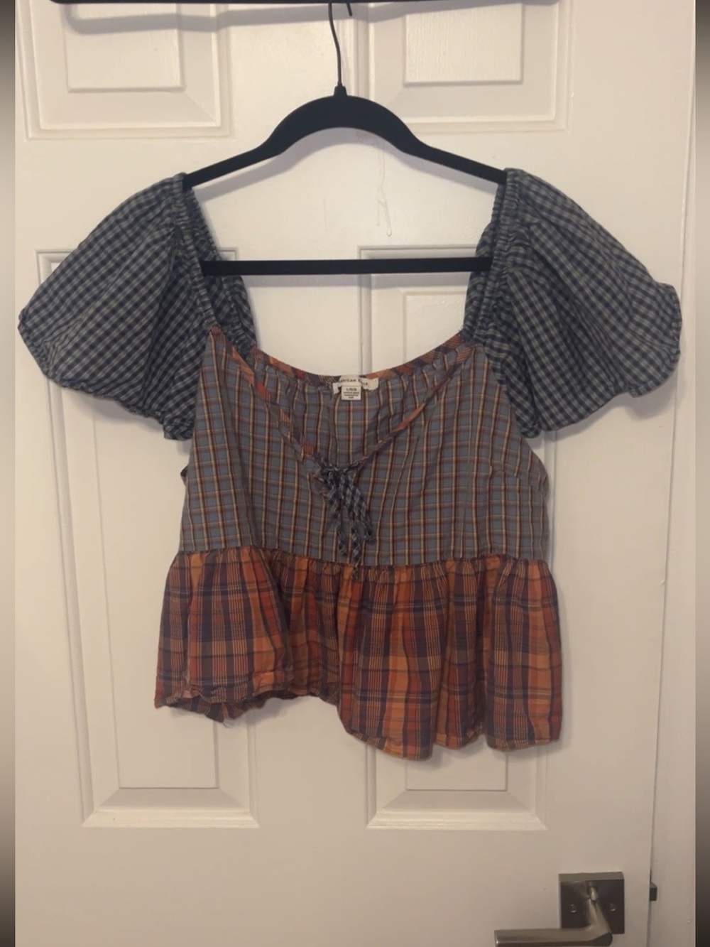 American Eagle Plaid Mixed-Print Blouse - Blue and Orange